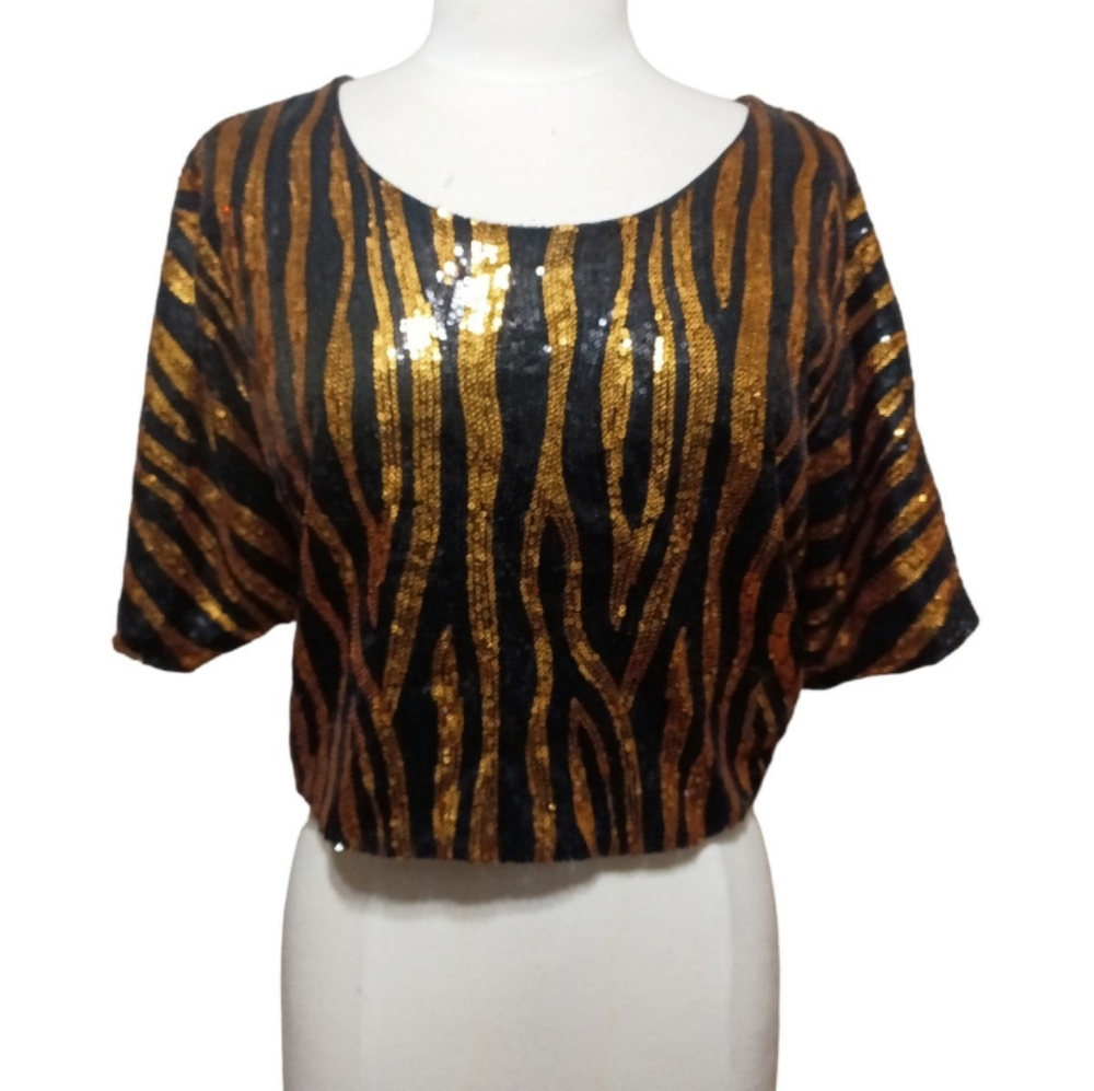 Sans Souci Women's Zebra Sequin Crop Top Sz S Dolmen Short Sleeve Black Gold